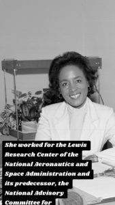 She worked for the Lewis Research Center of the National Aeronautics and Space Administration and its predecessor, the National Advisory Committee for Aeronautics.
